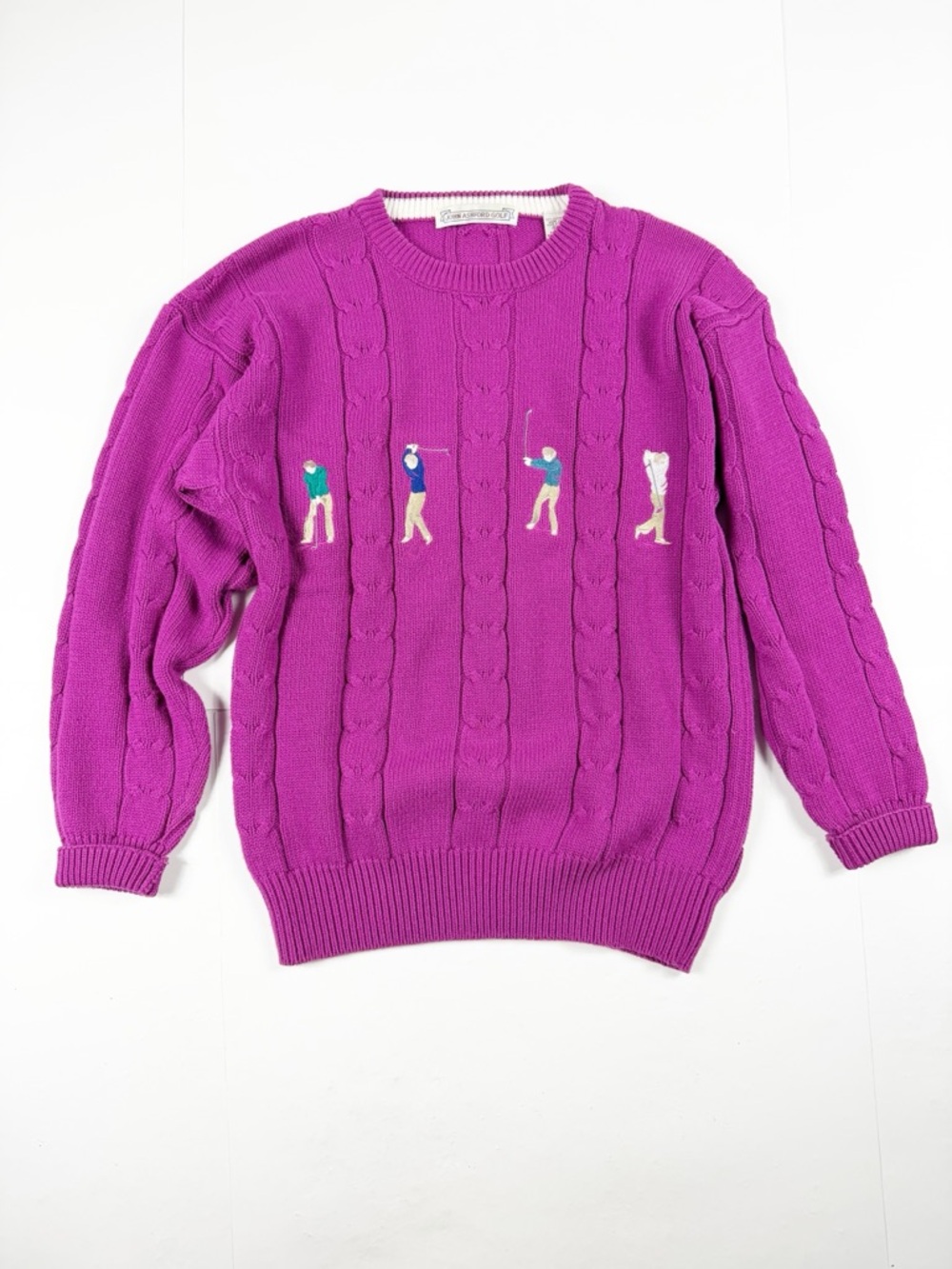 John Ashford Purple Cable-Knit Golf Embroidered Crewneck‎ Sweater Medium Cotton